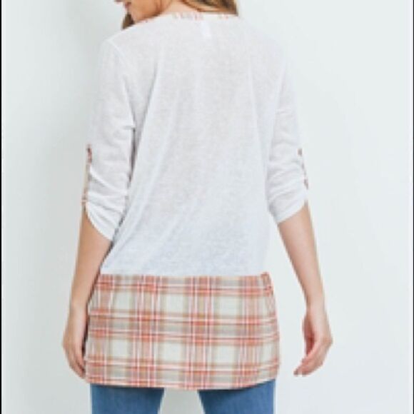 Plaid Orange-Rust ,White Button 3/4 Sleeve Shirt - Picture 3 of 7